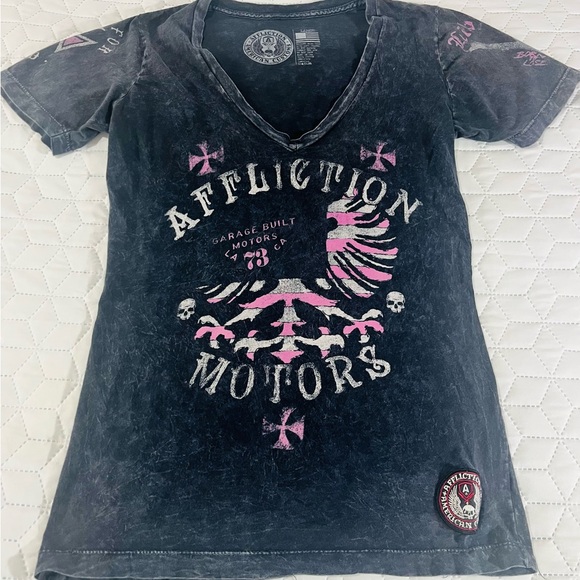 Affliction Tops - Affliction Wmns V Neck Tshirt Garage Built Motors Built For Speed Acid Gray Pink